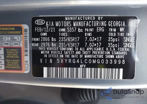 2021 Kia Sorento Lx from USA, damaged, VIN 5XYRG4LC0MG033998